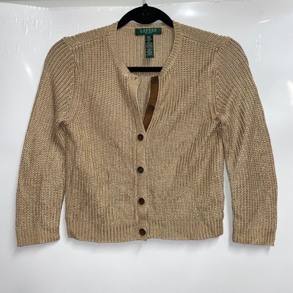 Ralph Lauren Petite Extra Small Tan Brown Button Up Cardigan Sweater